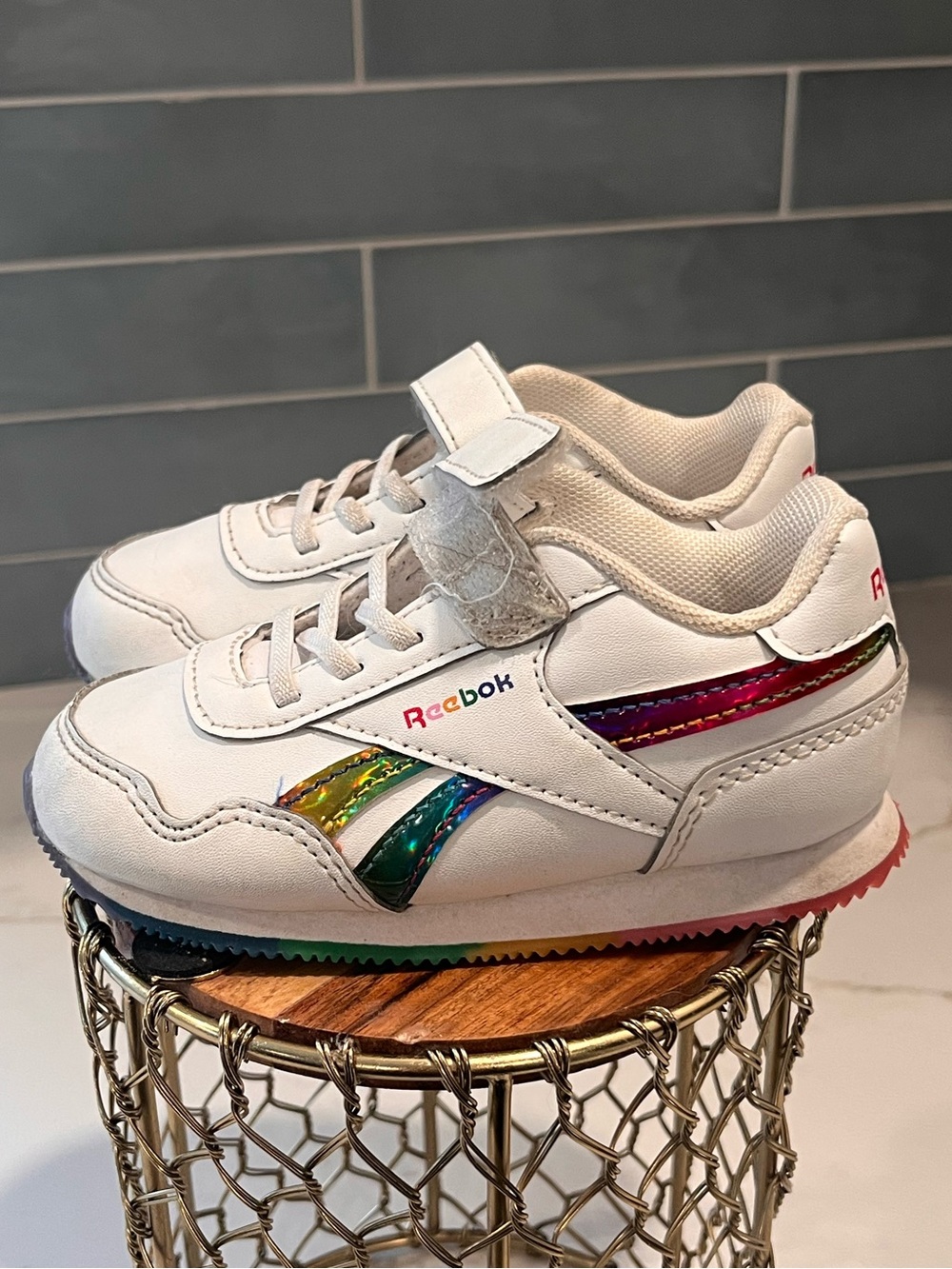 Reebok Kids White Sneakers with Rainbow Accent